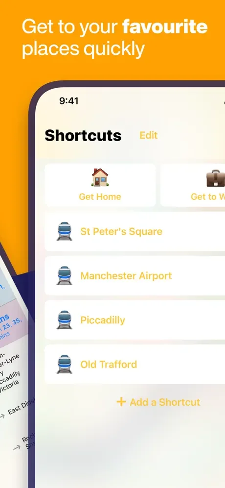 Manchester Metro Shortcuts feature for quick access to saved favorite destinations like airports and city center stops