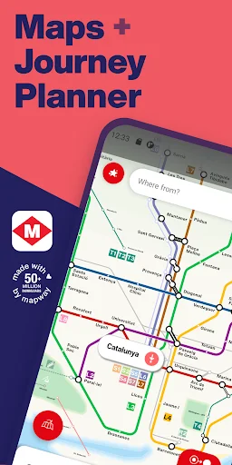 Barcelona Metro Map & Journey Planner app home screen displaying colorful transit lines and route planning features