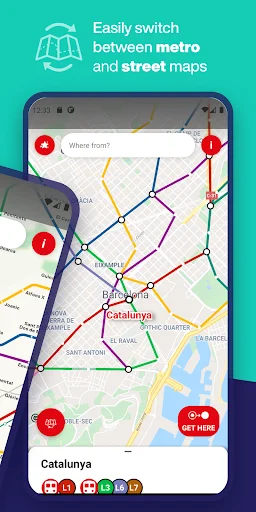 Switch between Barcelona metro and street maps view option on mobile phone interface for navigation flexibility