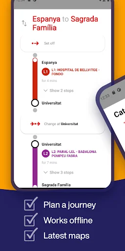 Journey planner route example from Espanya to Sagrada Familia showing metro transfers, stops, and offline map capability