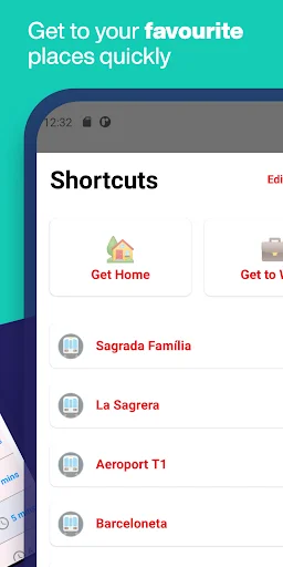 Shortcuts feature enabling quick access to favorite Barcelona locations including home, work, airports, and landmarks