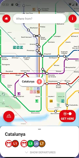 Barcelona metro map showing Catalunya station with all connecting metro lines and live departure information option