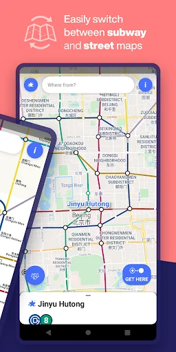 Switch between Beijing subway and street maps feature showing phone interface toggling between metro transit lines and street-level navigation views