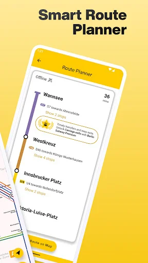 Smart Route Planner showing multiple route options with stations, line numbers, and travel times