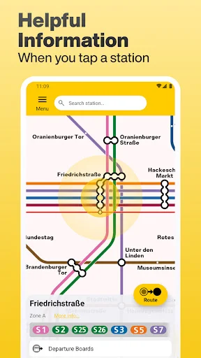 Station information panel displaying connecting transit lines and services at Friedrichstraße station