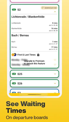 Real-time departure board showing waiting times and first/last train schedules for Berlin transit lines