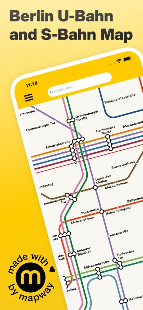 Berlin U-Bahn and S-Bahn interactive subway map with colored train lines, station search, and route visualization