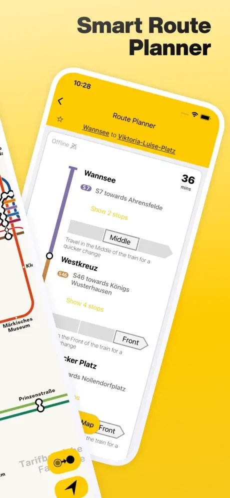 Smart Route Planner showing journey from Wannsee to Viktoria-Luise-Platz with connections, times, and train details