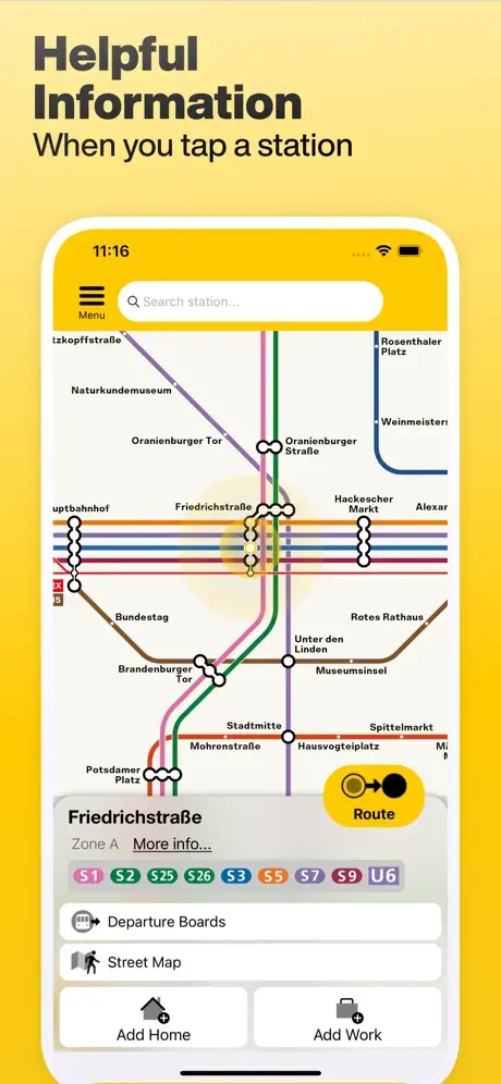 Station information for Friedrichstraße with departure boards, street map, and home/work location save shortcuts