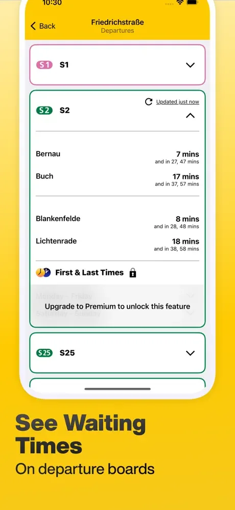 Real-time S-Bahn departure board for Friedrichstraße station displaying wait times and upcoming train schedules