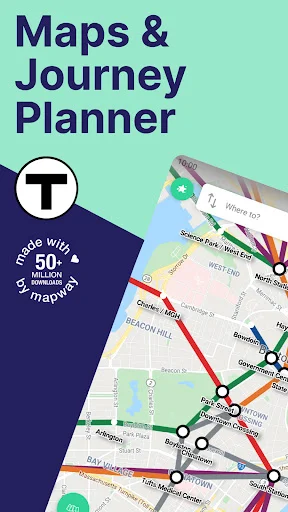 Boston T subway map with journey planner, displaying colorful metro routes and real-time transit navigation for planning trips