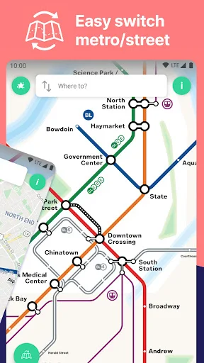 Boston subway network map showing easy metro to street switching between stations with colored transit lines and transfers