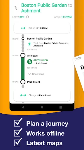 Route planning interface displaying journey from Boston Public Garden to Ashmont with station stops and offline map functionality