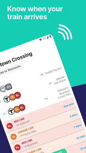 Real-time Boston T train arrival tracker showing multiple line options with expected wait times in minutes for current location