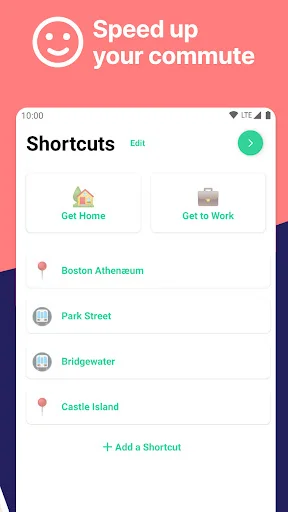 Quick shortcuts menu for saving frequent transit destinations like Home and Work with saved Boston subway station locations