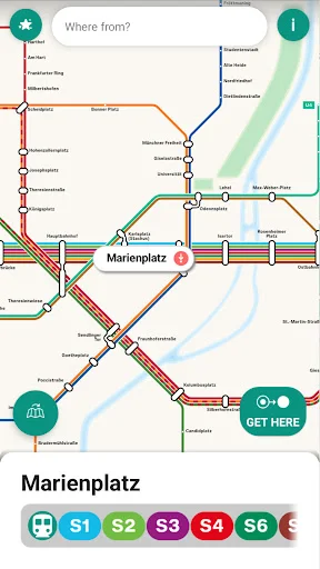 Detailed Boston Marienplatz station map showing colored S-line routes including S1, S2, S3, S4, S6 with route planning options