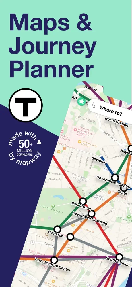 Boston T subway map interface with colored transit lines showing MBTA maps and journey planner feature for navigation