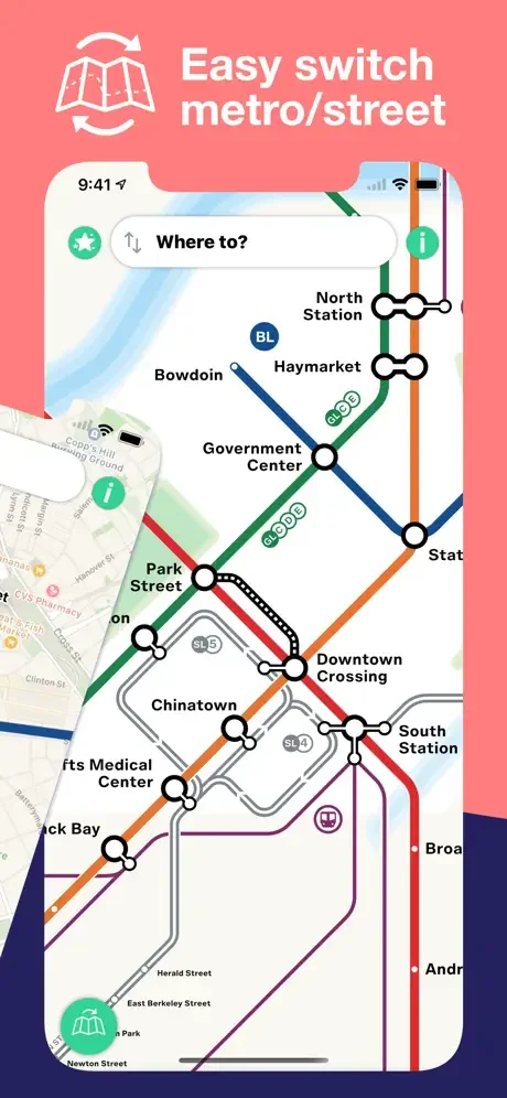 Boston T app screen displaying metro and street navigation with interactive subway map and station selection