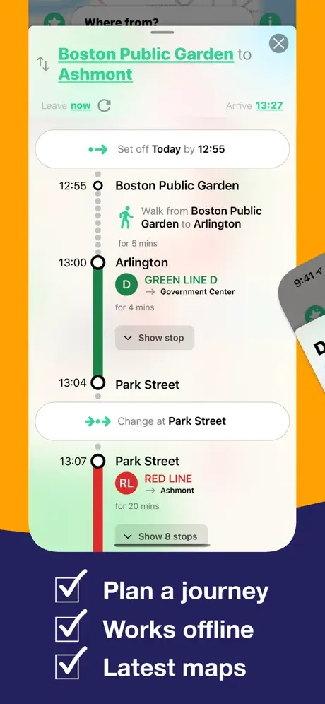 Boston T journey planner showing timed route from Boston Public Garden to Ashmont with transit line transfers and walk directions