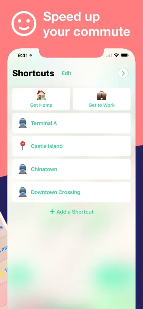 Boston T app shortcuts feature with saved frequent destinations including home, work, and transit station locations