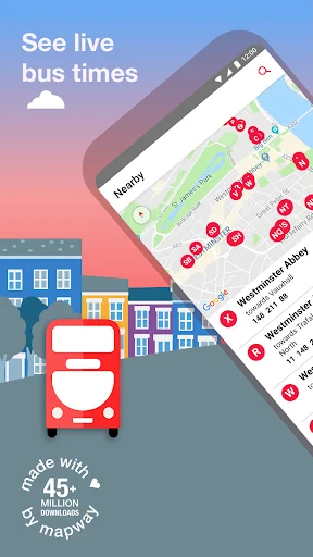 Live London bus times map showing real-time bus locations and nearby stops with TfL countdown app