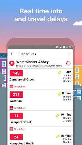 Real-time London bus departures showing route numbers, destinations, and countdown times for next buses