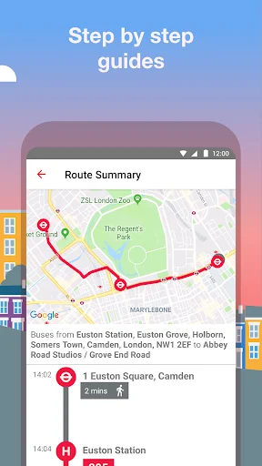 Interactive Google Map route guide showing step-by-step bus journey path between London stops