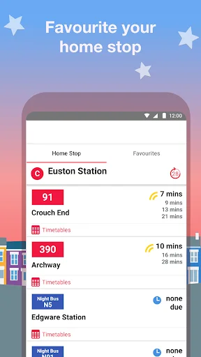 Favorite home stop feature displaying saved TfL bus stops with route numbers and live countdown times