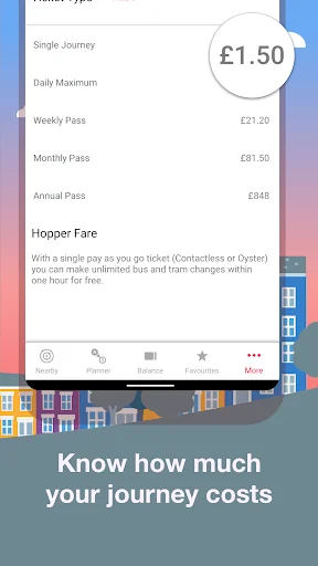TfL London bus journey fare calculator showing single trip and daily/weekly/monthly pass pricing options