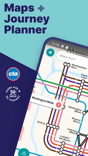 Chicago L metro map journey planner app showing colorful transit lines and CTA logo with Maps and Journey Planner feature overview