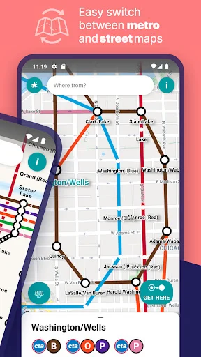 Chicago L metro app interface with easy switch between metro and street map views displaying Washington/Wells station and transit lines