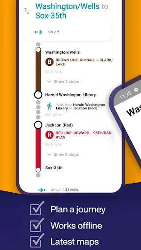 Journey planning screen showing step-by-step route from Washington/Wells to Sox-35th using Brown and Red Lines, arrival time 21 minutes