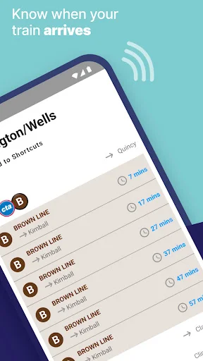 Real-time train arrival feature displaying Chicago L Brown Line departure times at Washington/Wells station with multiple upcoming trains listed