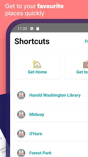 Shortcuts feature with quick access to favorite Chicago locations including Harold Washington Library, Midway, O'Hare, and Forest Park