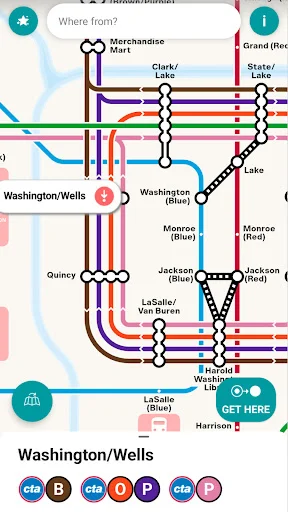 Detailed Chicago L subway map view showing colored transit lines, stations including Washington/Wells and Jackson, with line selector buttons