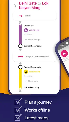 Delhi Gate to Lok Kalyan Marg route with Violet and Yellow line interchange at Central Secretariat station on Delhi Metro