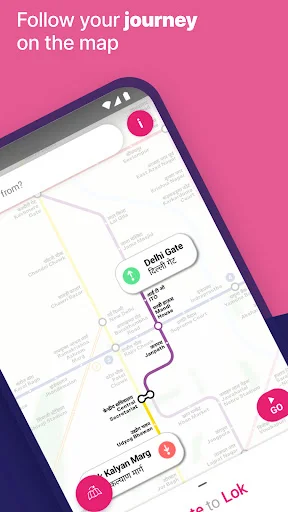 Interactive Delhi Metro map displaying colored metro lines with station markers for real-time journey tracking and navigation