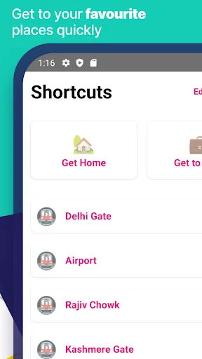 Delhi Metro app shortcuts page with saved favorite locations including Delhi Gate, Airport, Rajiv Chowk, and Kashmere Gate
