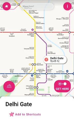 Delhi Metro map with Delhi Gate station selected, showing option to add to shortcuts and navigate via metro route planner