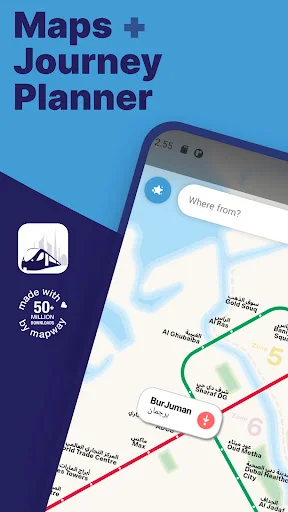 Dubai metro app maps and journey planner showing colored transit lines and route search interface