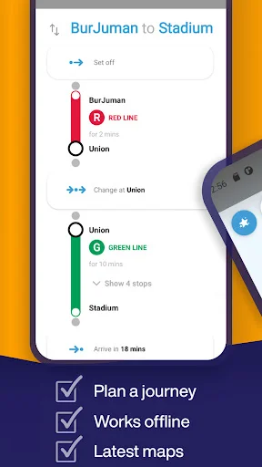 Metro route details from BurJuman to Stadium showing transfers, travel time, and offline accessibility