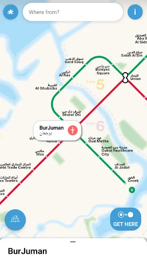 Dubai metro route planner interface with colored transit lines, station markers, and location search