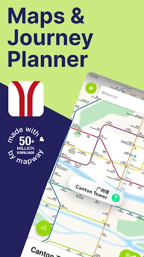 Guangzhou Metro App Maps and Journey Planner interface displaying subway map with 50+ million mapmakers data