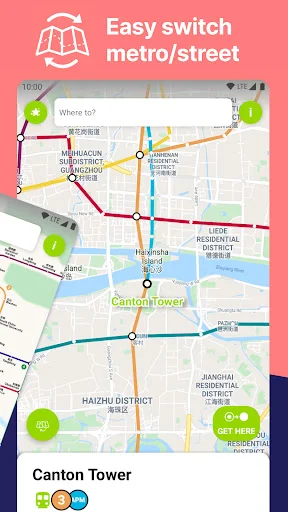 Easy metro to street map switching feature showing Guangzhou Metro lines and Canton Tower location