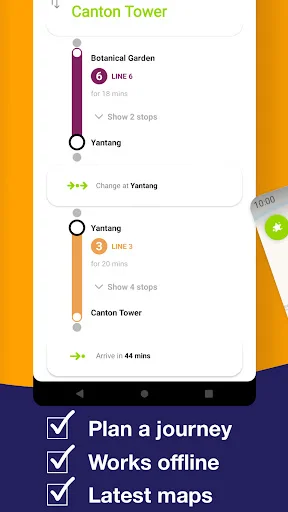 Journey planning screen with multiple route options between Botanical Garden and Canton Tower metro stations