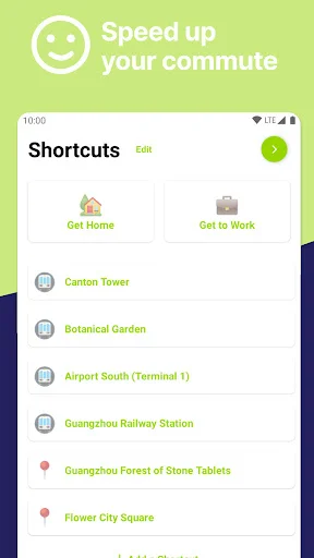 Speed up commute with Shortcuts feature showing quick access to saved locations like Canton Tower and Airport