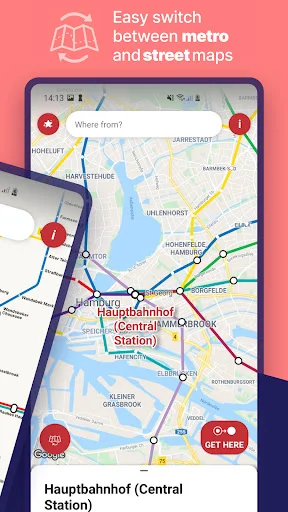 Hamburg metro app interface demonstrating easy switching between metro map and street map navigation views