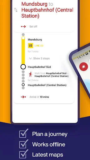 Route details screen for Hamburg U3 metro line journey from Mundsburg to Hauptbahnhof Central Station with stops and 10-minute arrival time