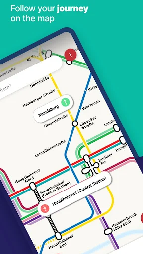 Hamburg metro network map displaying real-time journey tracking with colored U & S Bahn transit lines and station markers