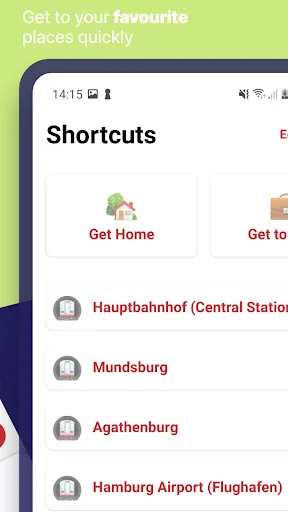Hamburg metro app shortcuts menu showing quick access buttons for favorite locations including Hauptbahnhof Central Station and Hamburg Airport